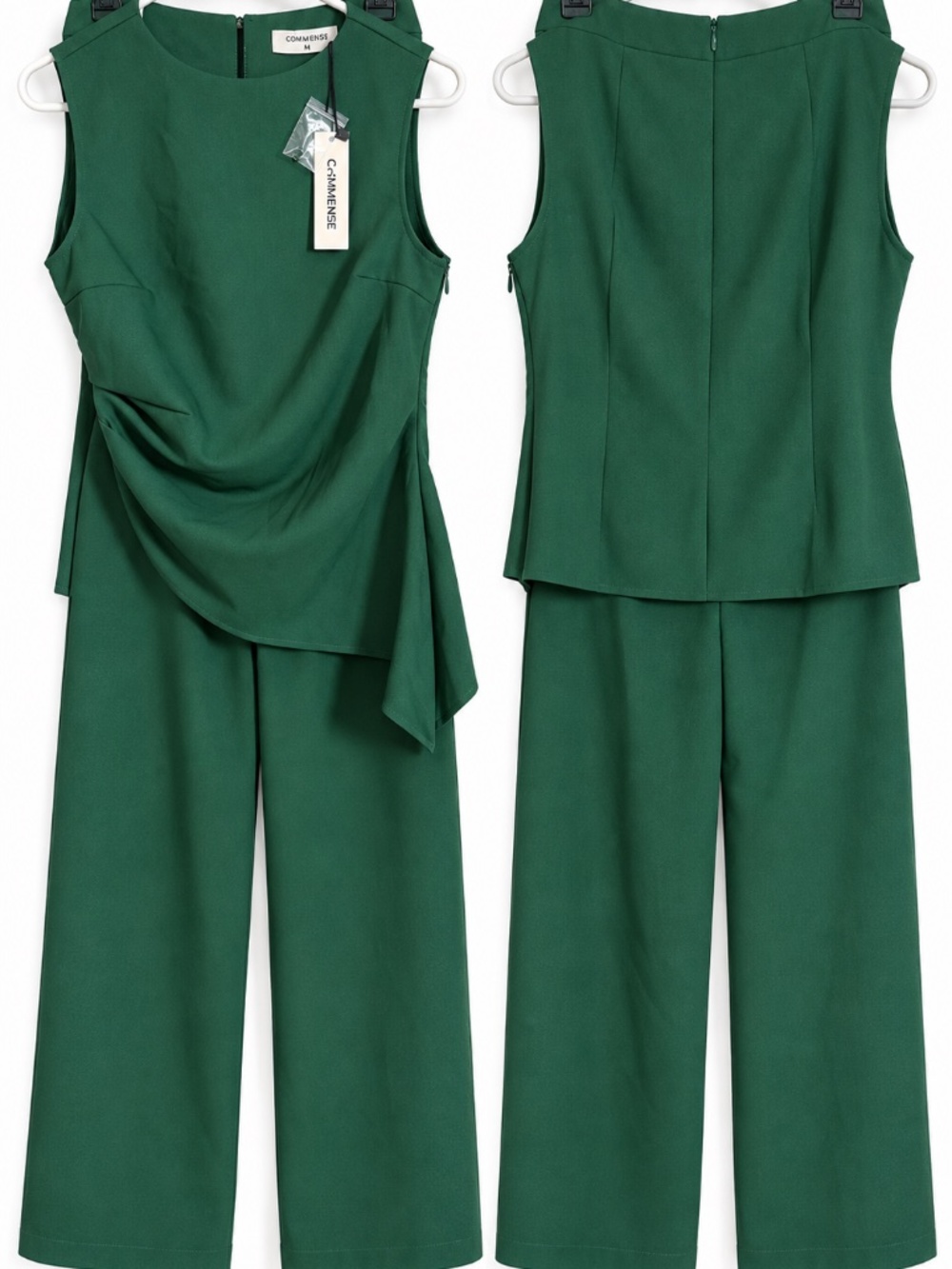 COMMENSE Green Draped Sleeveless Top Wide Leg Pants Set NWT M